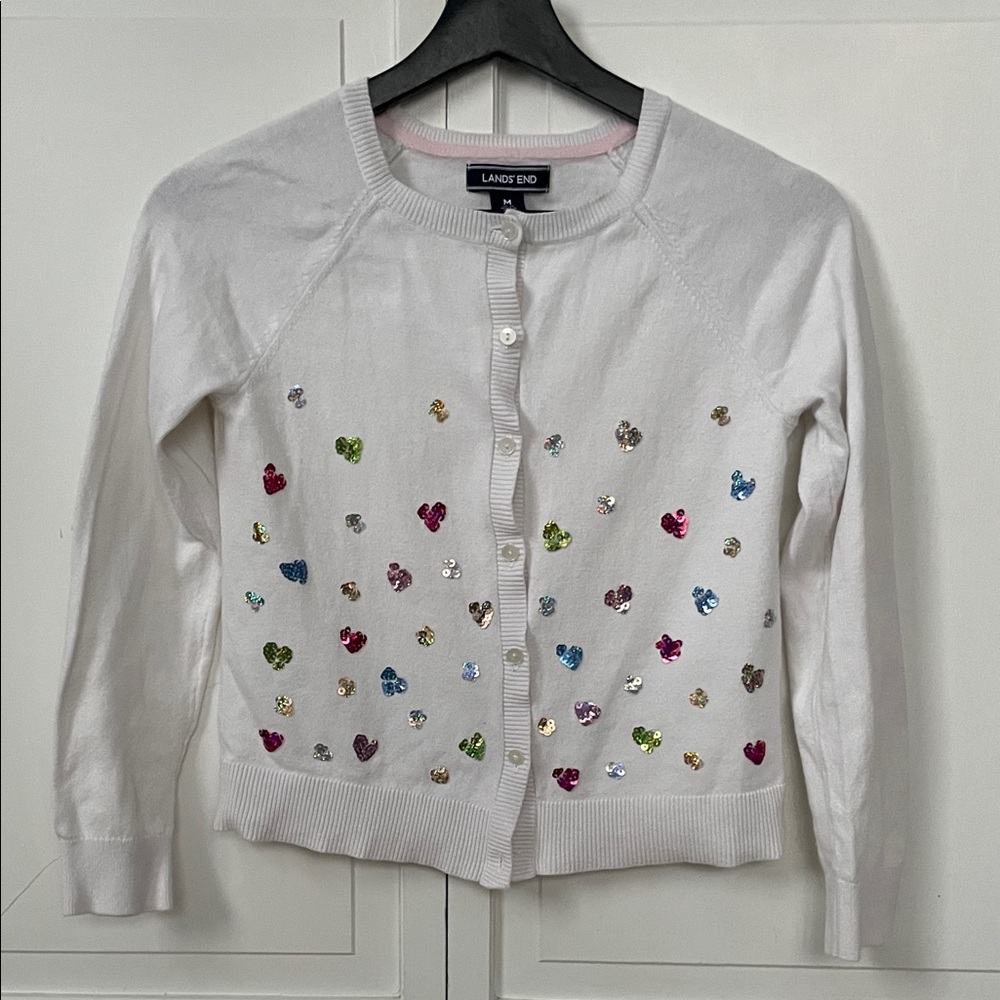 Lands' End Girls White Cardigan with Multicolor‎ Heart Details
